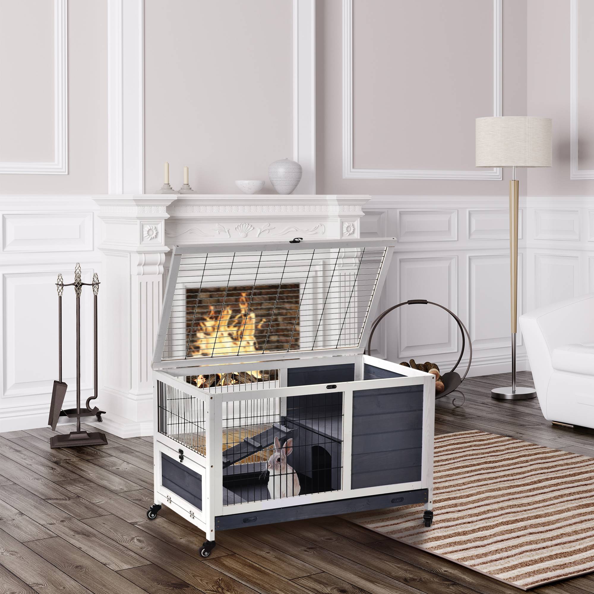 Sans Marque - Cage lapin/cochon Inde 4 roues maisonnette rampe bac amovible bois naturel/gris/blanc 90x53x59 cm - Image 3