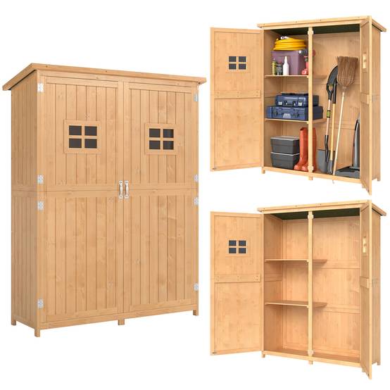 Armoire bois extérieure outils jardinage, double porte étagères 127,5x50x164cm naturel - Image 1