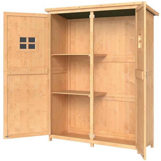 Armoire bois extérieure outils jardinage, double porte étagères 127,5x50x164cm naturel - Image 2