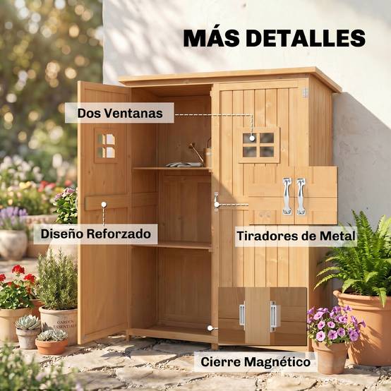 Armoire bois extérieure outils jardinage, double porte étagères 127,5x50x164cm naturel - Image 8