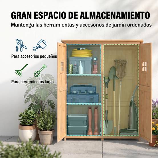 Armoire bois extérieure outils jardinage, double porte étagères 127,5x50x164cm naturel - Image 6