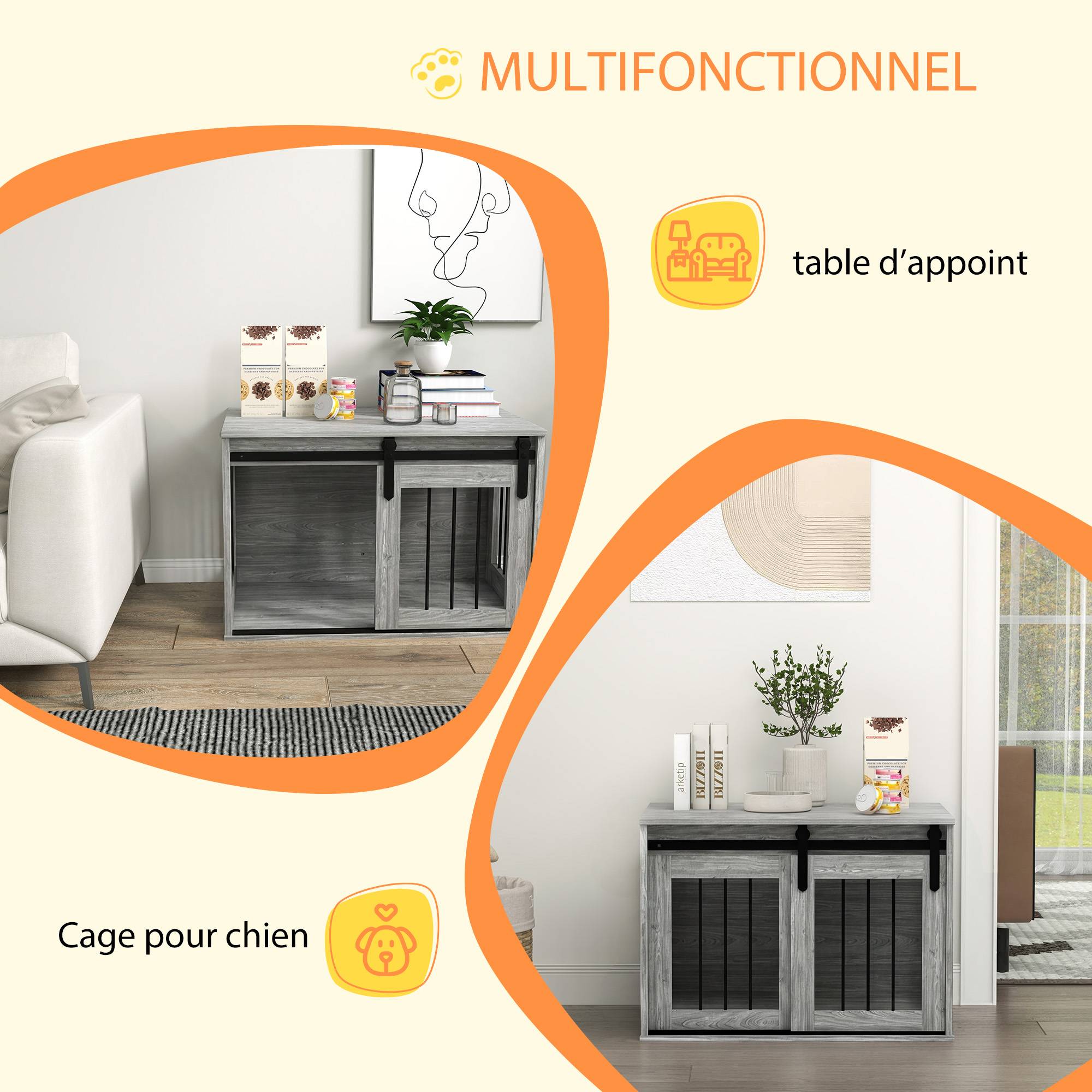 Sans Marque - Cage caisse pour chien animaux intérieur porte coulissante, métal effet bois, dim. 57H x 80L x 54l cm - Image 6