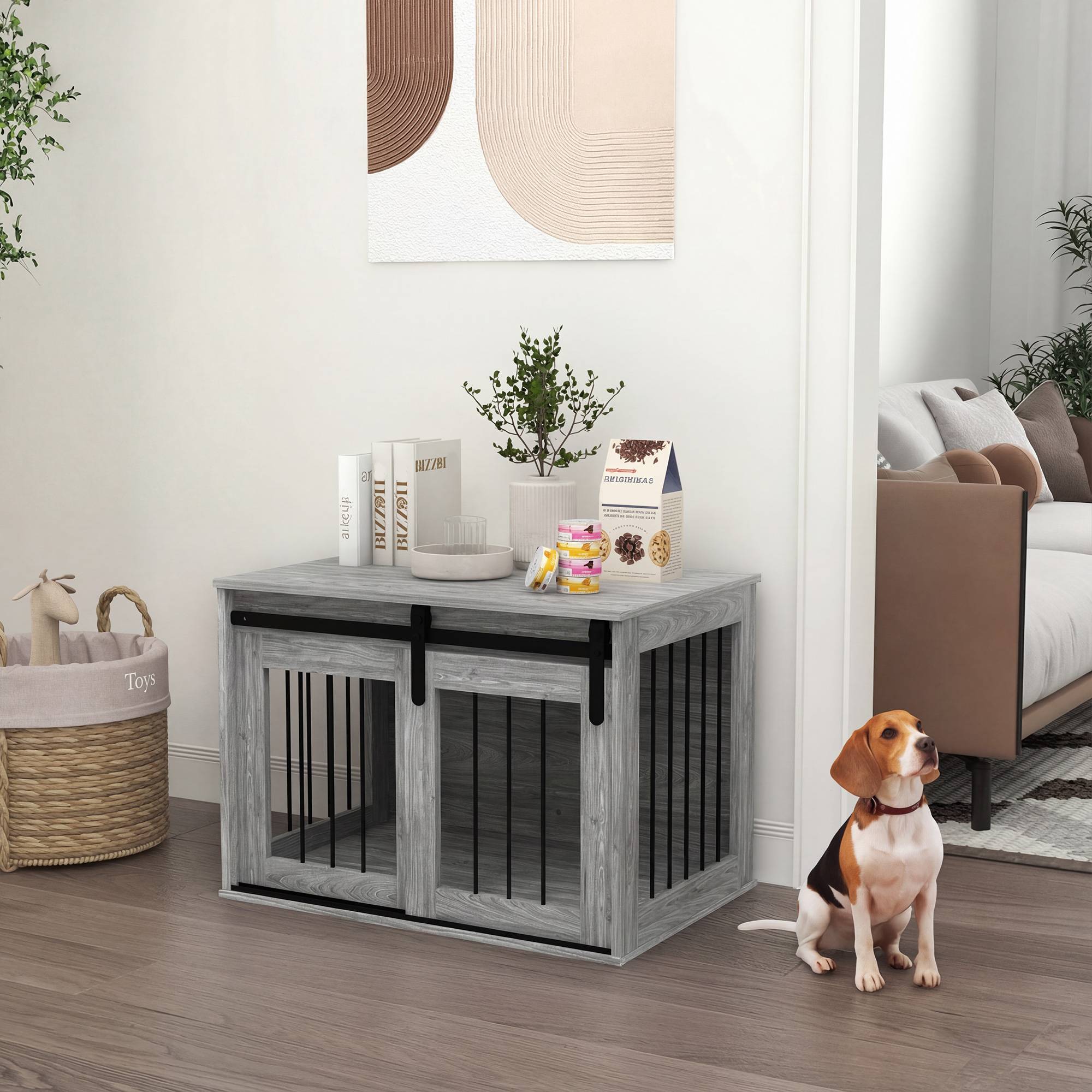 Sans Marque - Cage caisse pour chien animaux intérieur porte coulissante, métal effet bois, dim. 57H x 80L x 54l cm - Image 3
