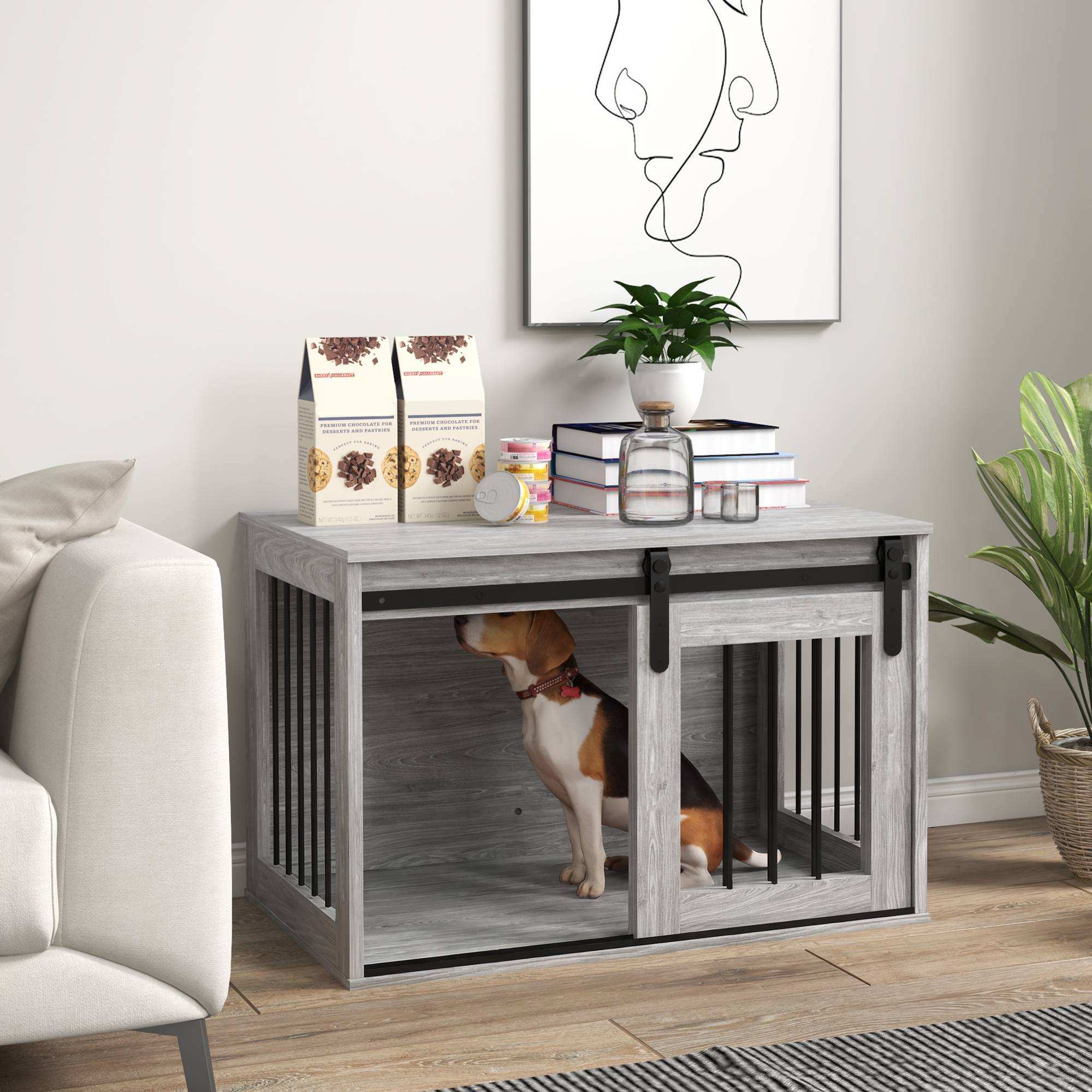 Sans Marque - Cage caisse pour chien animaux intérieur porte coulissante, métal effet bois, dim. 57H x 80L x 54l cm - Image 4