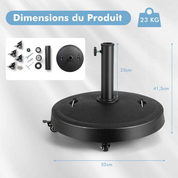 Helloshop26 - Pied de parasol sur roulettes diamètre 52cm socle parasol extérieur en résine avec 2 poignées rétractables 4 roue verrouillables pour poteaux de para - Image 7