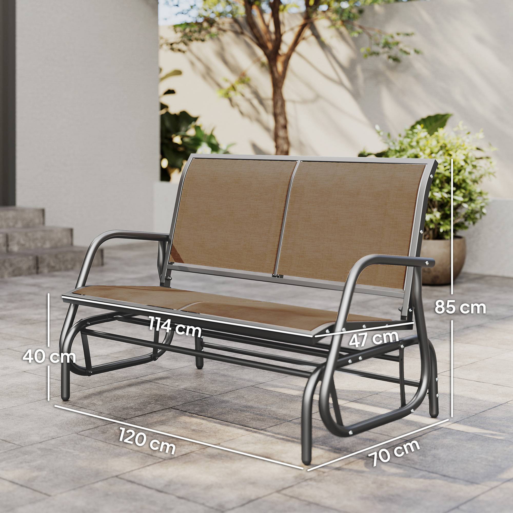 Banc balançoire 2 places de jardin métal et tissu maille, 120x70x85cm, marron clair - Image 5