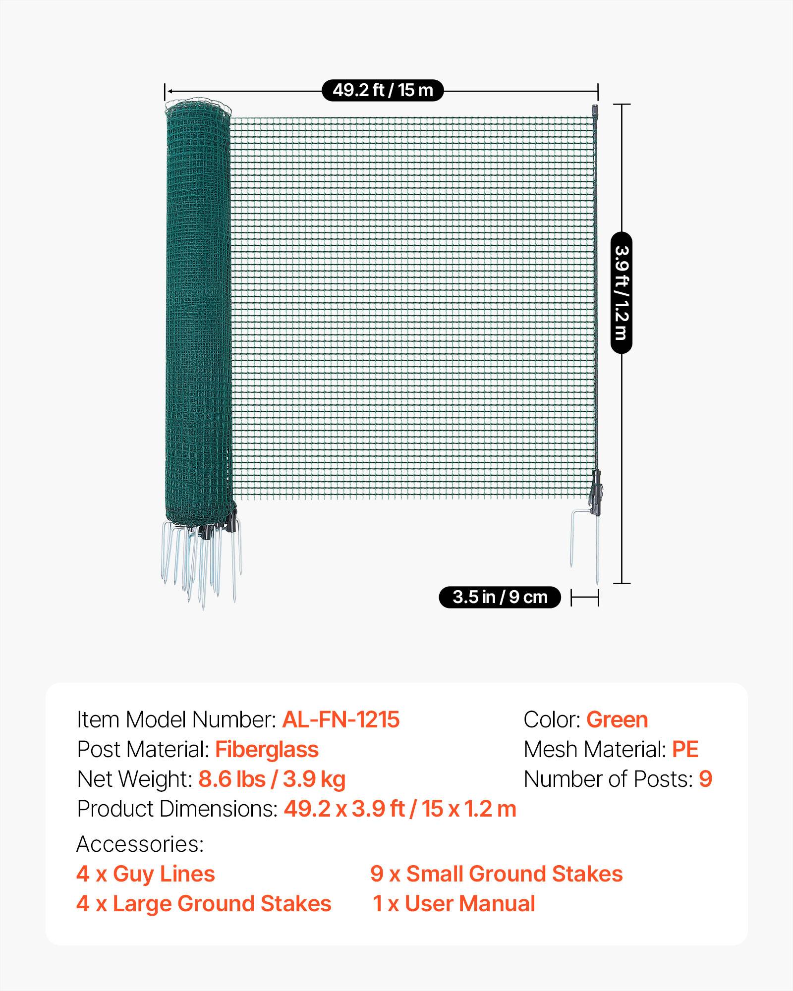 Vevor - VEVOR Clôture filet mobile 15x1,2 m, filet PE résistant UV, kit poteaux fibre de verre, piquets double pointe et haubans. - Image 6