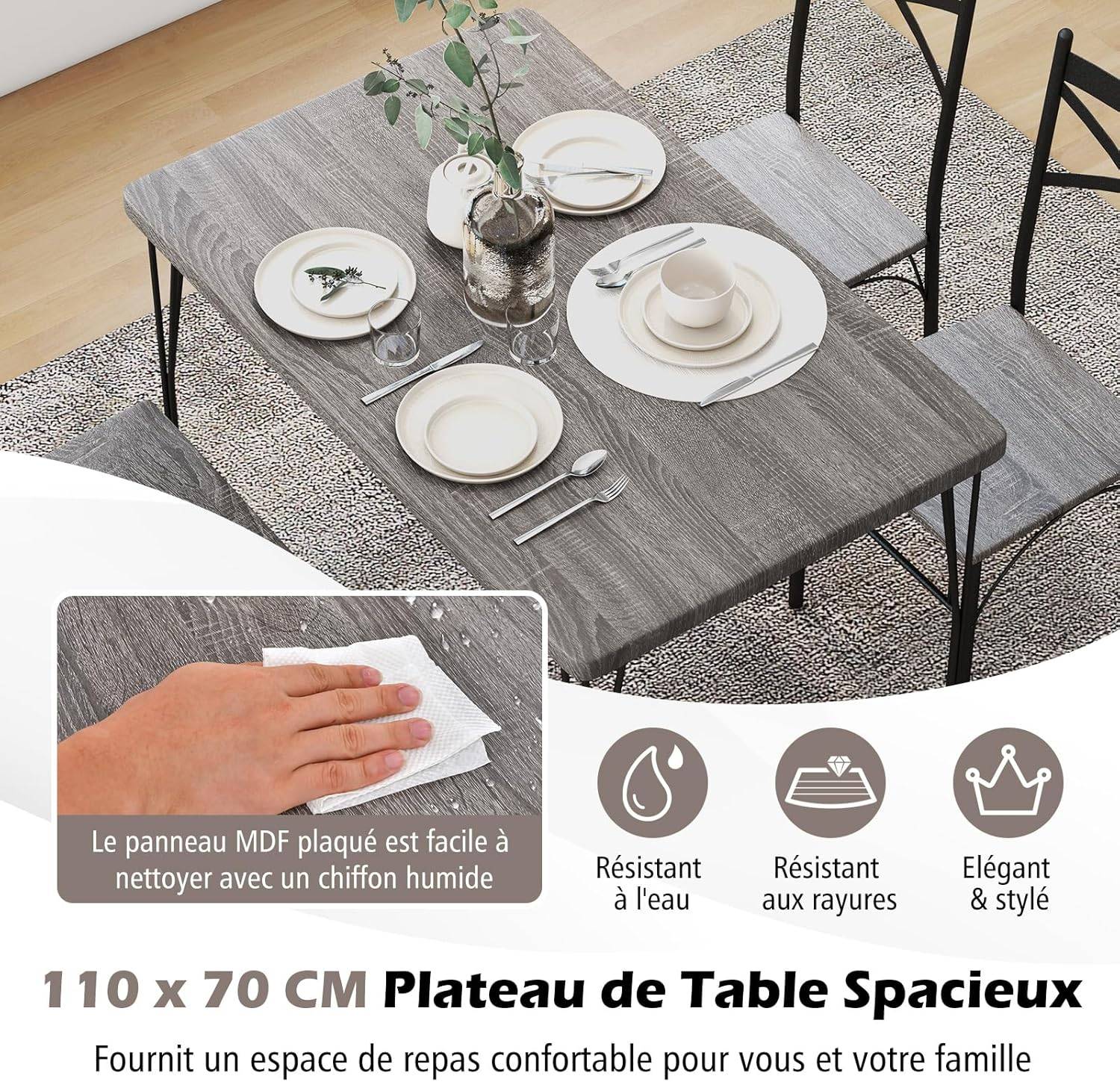 Table à Manger avec 4 Chaises, Ensemble Table et 4 Chaises, Cadre en Métal Noir, Cuisine, Salon - Image 2
