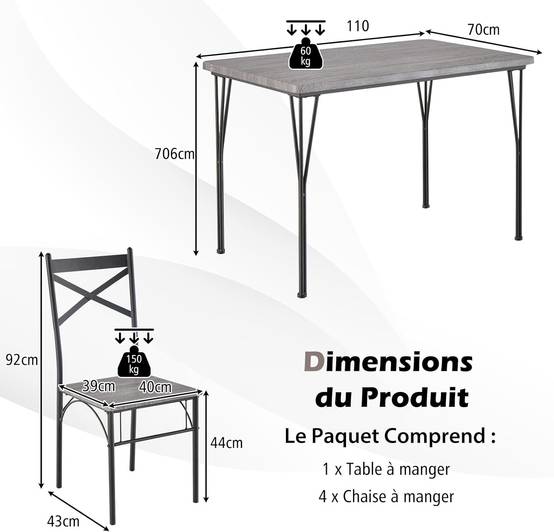 Table à Manger avec 4 Chaises, Ensemble Table et 4 Chaises, Cadre en Métal Noir, Cuisine, Salon - Image 4