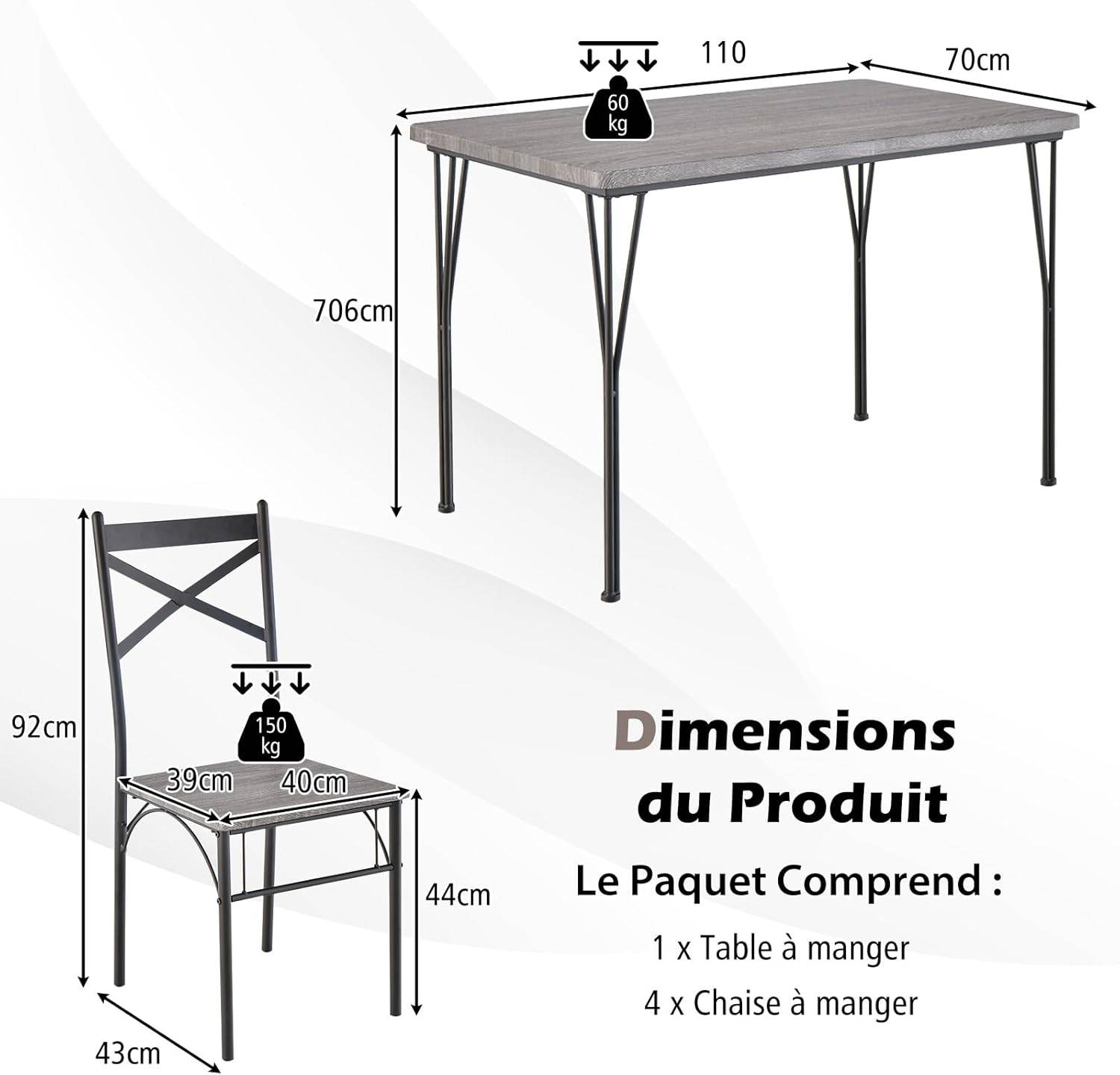 Table à Manger avec 4 Chaises, Ensemble Table et 4 Chaises, Cadre en Métal Noir, Cuisine, Salon - Image 4
