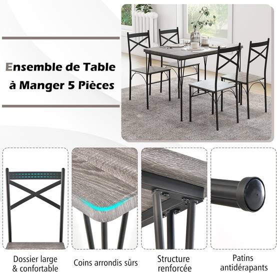 Table à Manger avec 4 Chaises, Ensemble Table et 4 Chaises, Cadre en Métal Noir, Cuisine, Salon - Image 3