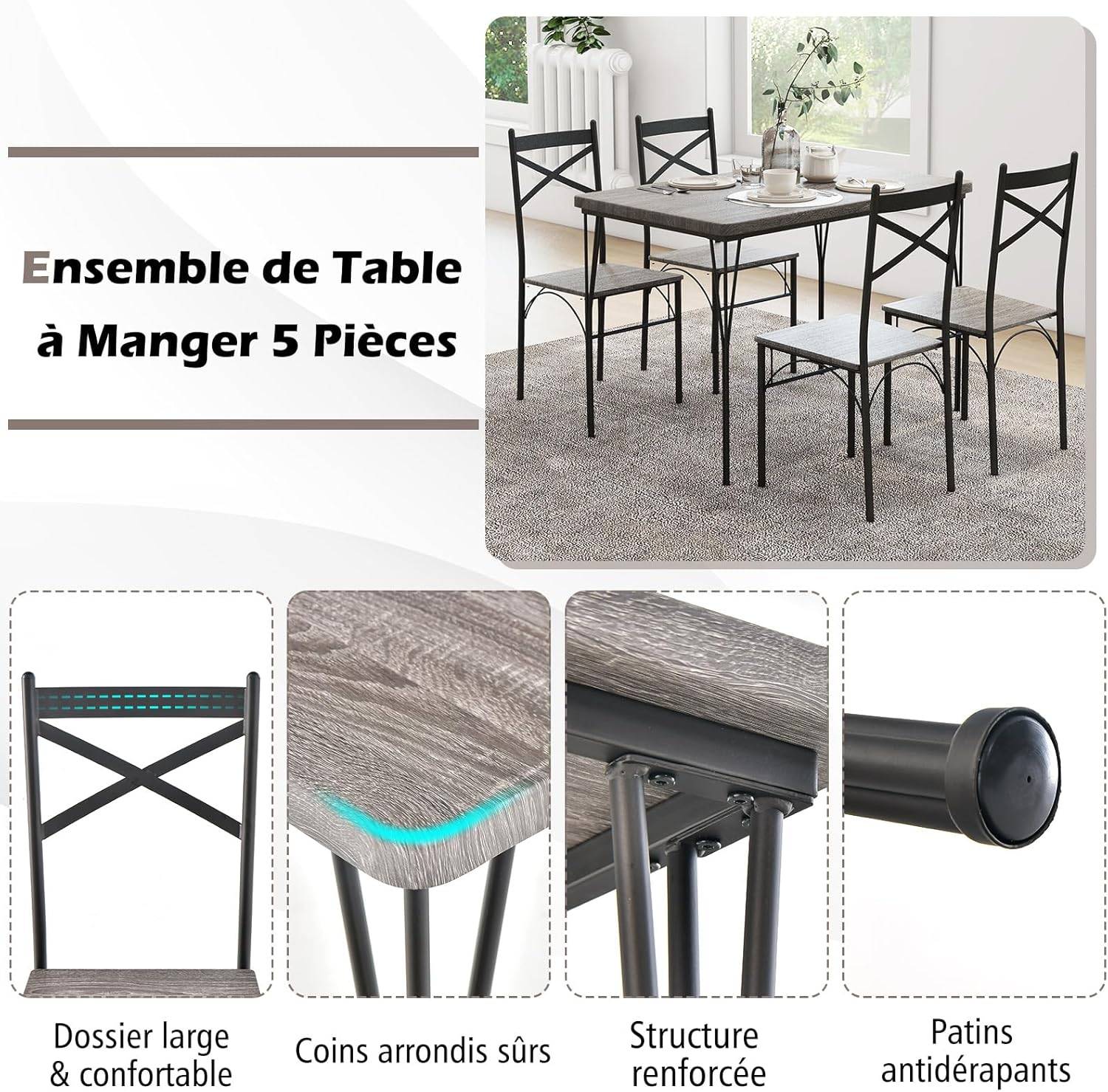 Table à Manger avec 4 Chaises, Ensemble Table et 4 Chaises, Cadre en Métal Noir, Cuisine, Salon - Image 3
