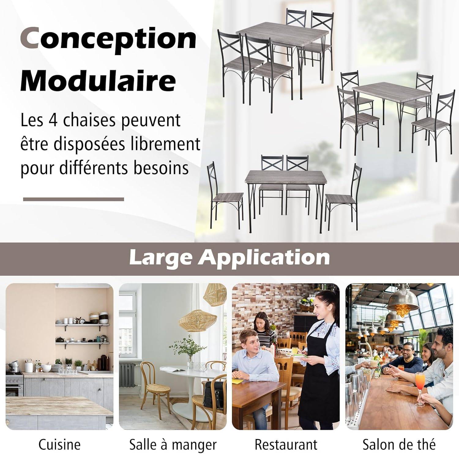 Table à Manger avec 4 Chaises, Ensemble Table et 4 Chaises, Cadre en Métal Noir, Cuisine, Salon - Image 6