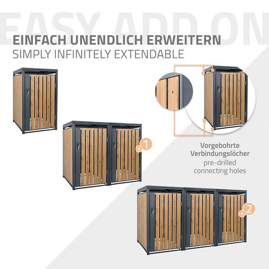 Abri pour 1 poubelle 68x80x116,3 cm capacité de 60L à 240L anthracite/aspect chêne en acier couvercle rabattable/porte résistant aux intempéries - Image 7