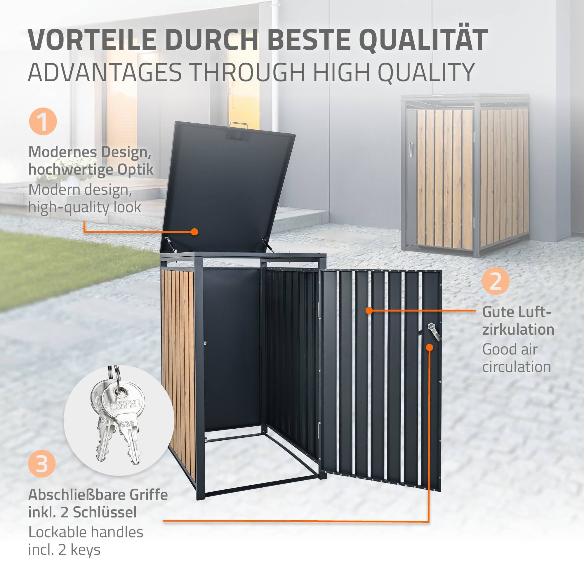 Abri pour 1 poubelle 68x80x116,3 cm capacité de 60L à 240L anthracite/aspect chêne en acier couvercle rabattable/porte résistant aux intempéries - Image 4
