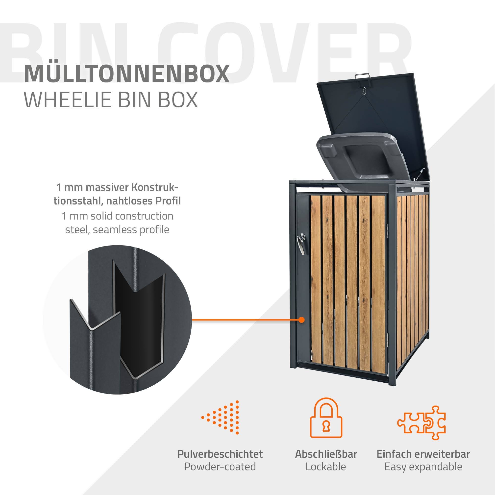 Abri pour 1 poubelle 68x80x116,3 cm capacité de 60L à 240L anthracite/aspect chêne en acier couvercle rabattable/porte résistant aux intempéries - Image 3
