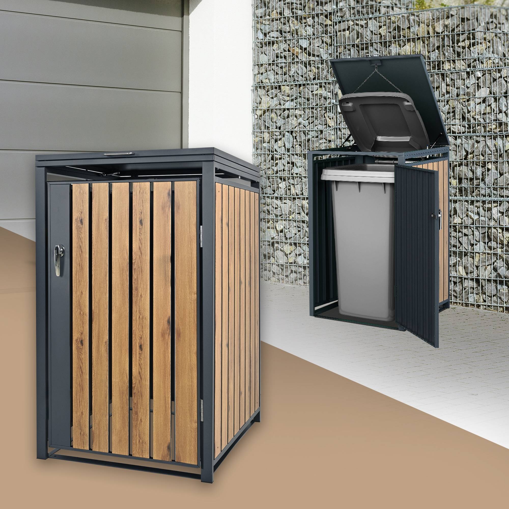 Abri pour 1 poubelle 68x80x116,3 cm capacité de 60L à 240L anthracite/aspect chêne en acier couvercle rabattable/porte résistant aux intempéries - Image 2