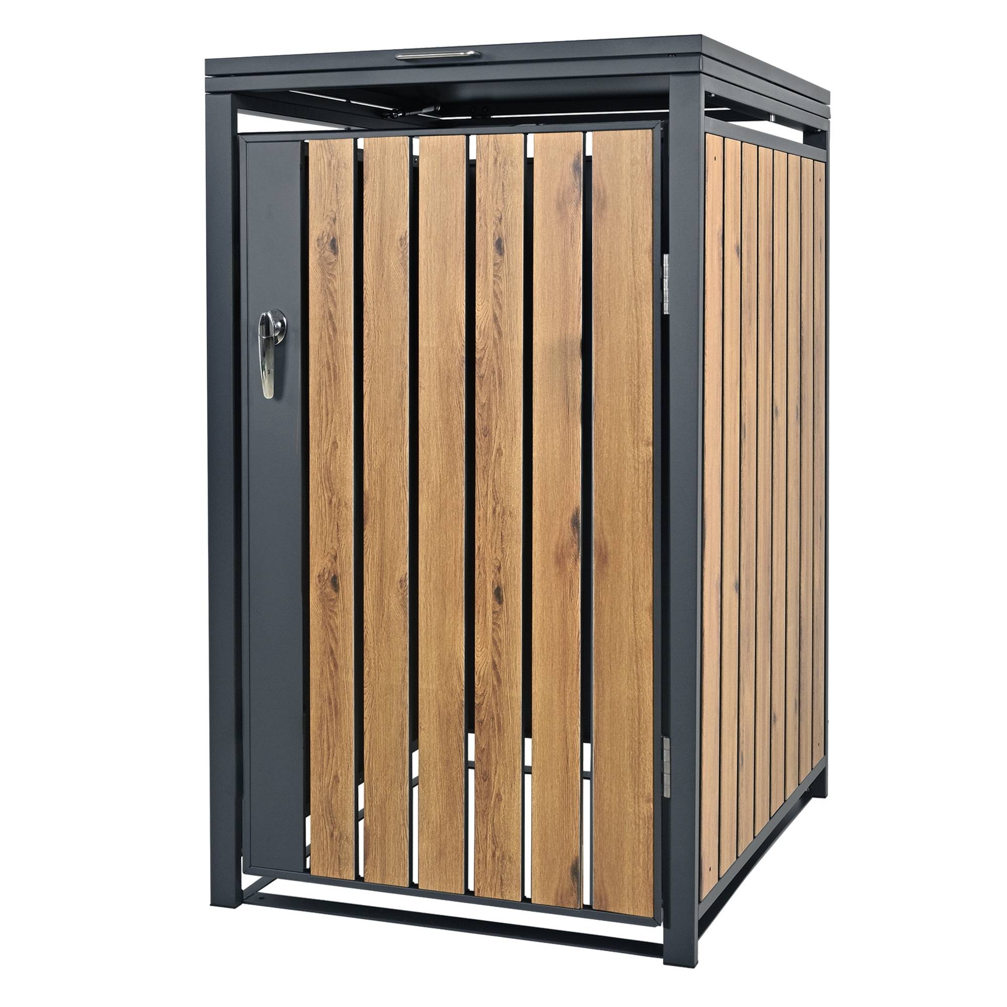 Abri pour 1 poubelle 68x80x116,3 cm capacité de 60L à 240L anthracite/aspect chêne en acier couvercle rabattable/porte résistant aux intempéries - Image 1