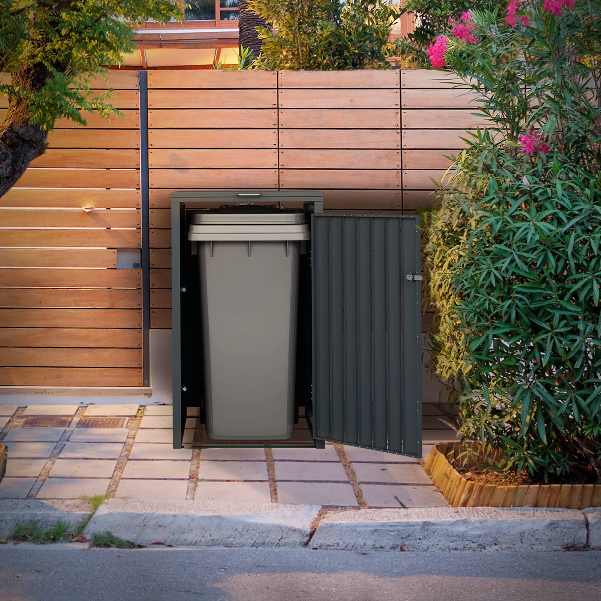 Abri pour 1 poubelle 68x80x116,3 cm capacité de 60L à 240L anthracite/aspect chêne en acier couvercle rabattable/porte résistant aux intempéries - Image 9