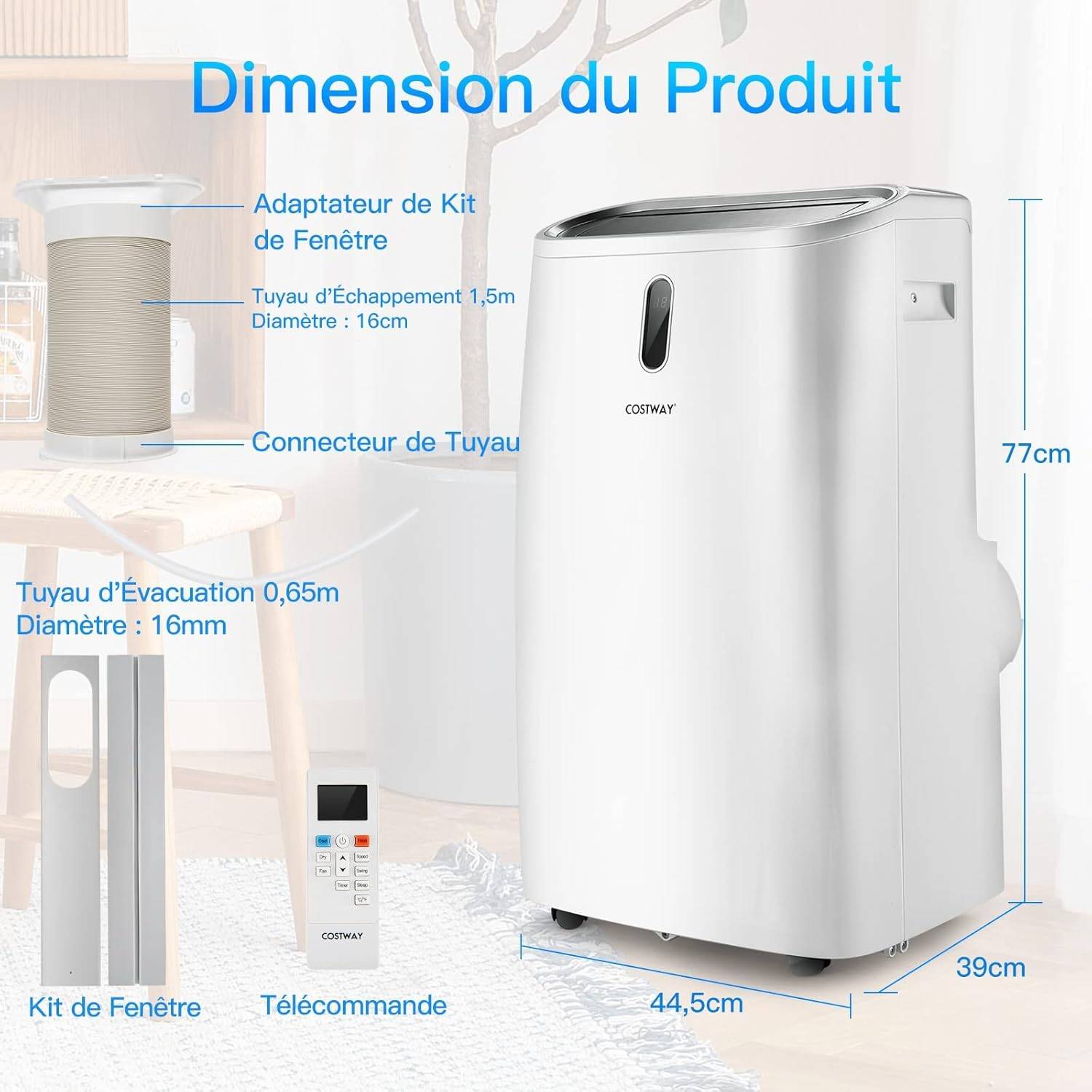 Climatiseur Mobile Silencieux 16000BTU, 5 EN 1,Refroidissement,Chauffage,Ventilateur,Déshumidificateur,Mode Nuit, [Classe énergétique A] - Image 4
