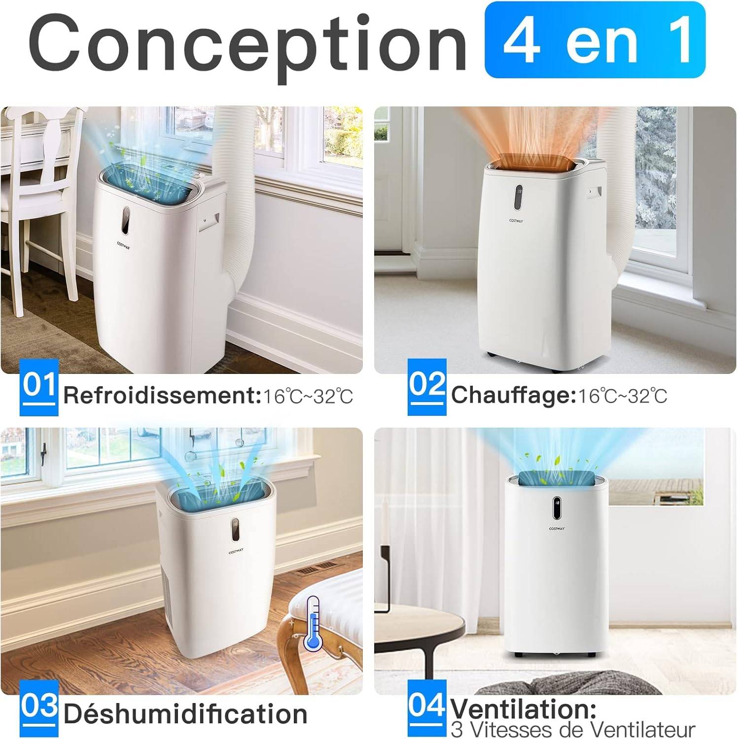 Climatiseur Mobile Silencieux 16000BTU, 5 EN 1,Refroidissement,Chauffage,Ventilateur,Déshumidificateur,Mode Nuit, [Classe énergétique A] - Image 2