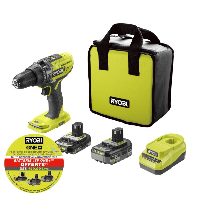 Ryobi - Perceuse à percussion RYOBI 18V One+ - 1 Batterie 4,0Ah et 2,0Ah - Chargeur rapide - R18PD3-242S - Image 2