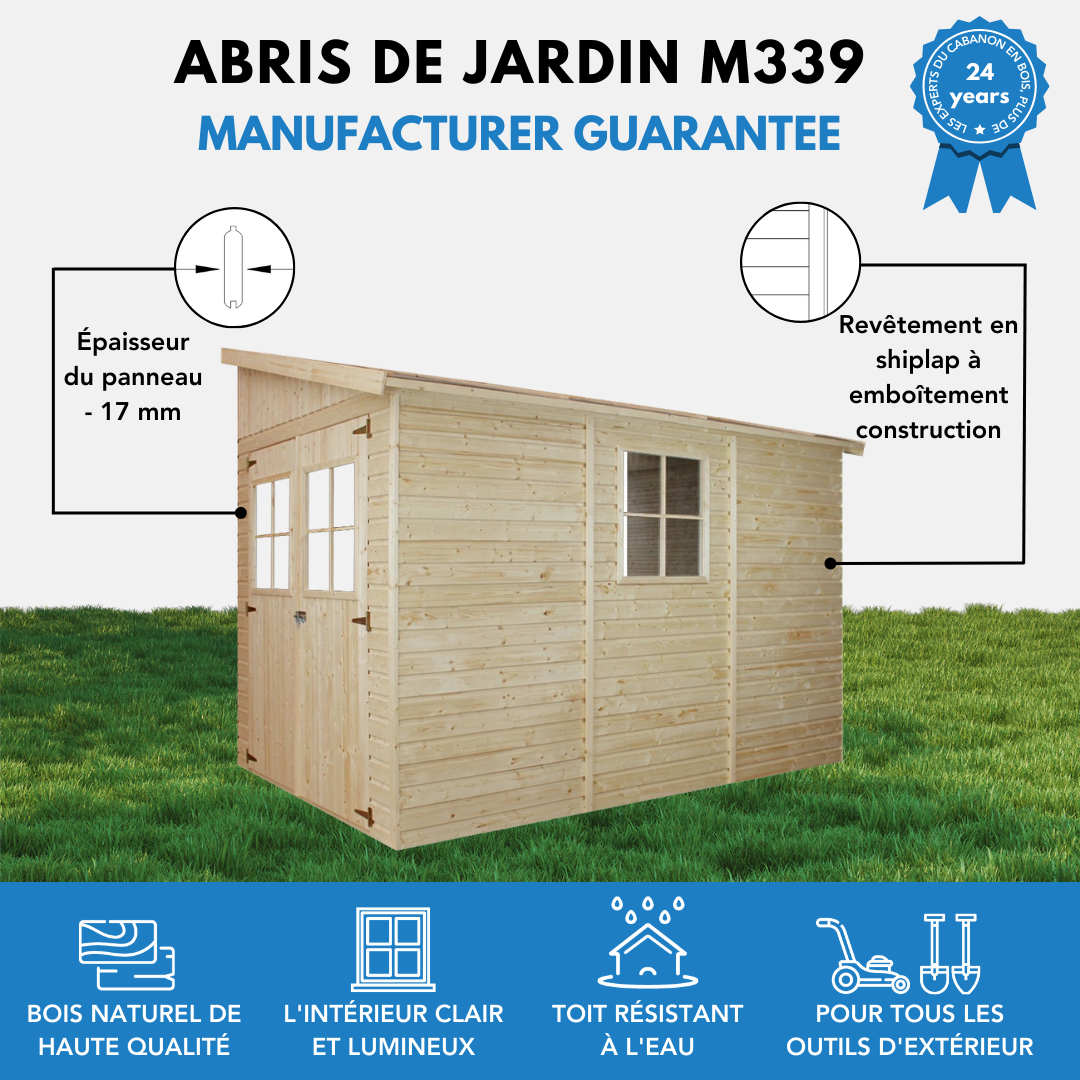 Timbela - Abri de Jardin en Bois Naturel H243x216x318 cm / 6 m² sans paroi latérale avec fenêtres - 17 mm d’épaisseur - Timbela M339 - Image 9