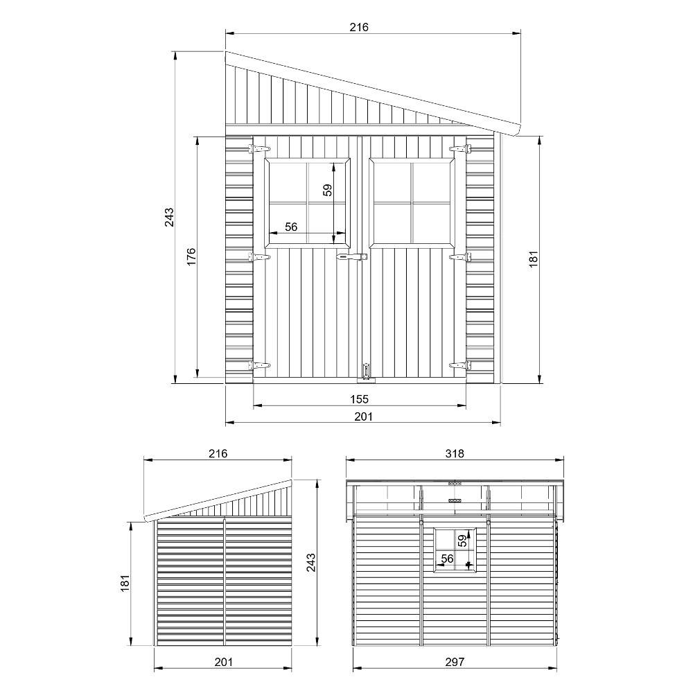 Timbela - Abri de Jardin en Bois Naturel H243x216x318 cm / 6 m² sans paroi latérale avec fenêtres - 17 mm d’épaisseur - Timbela M339 - Image 6