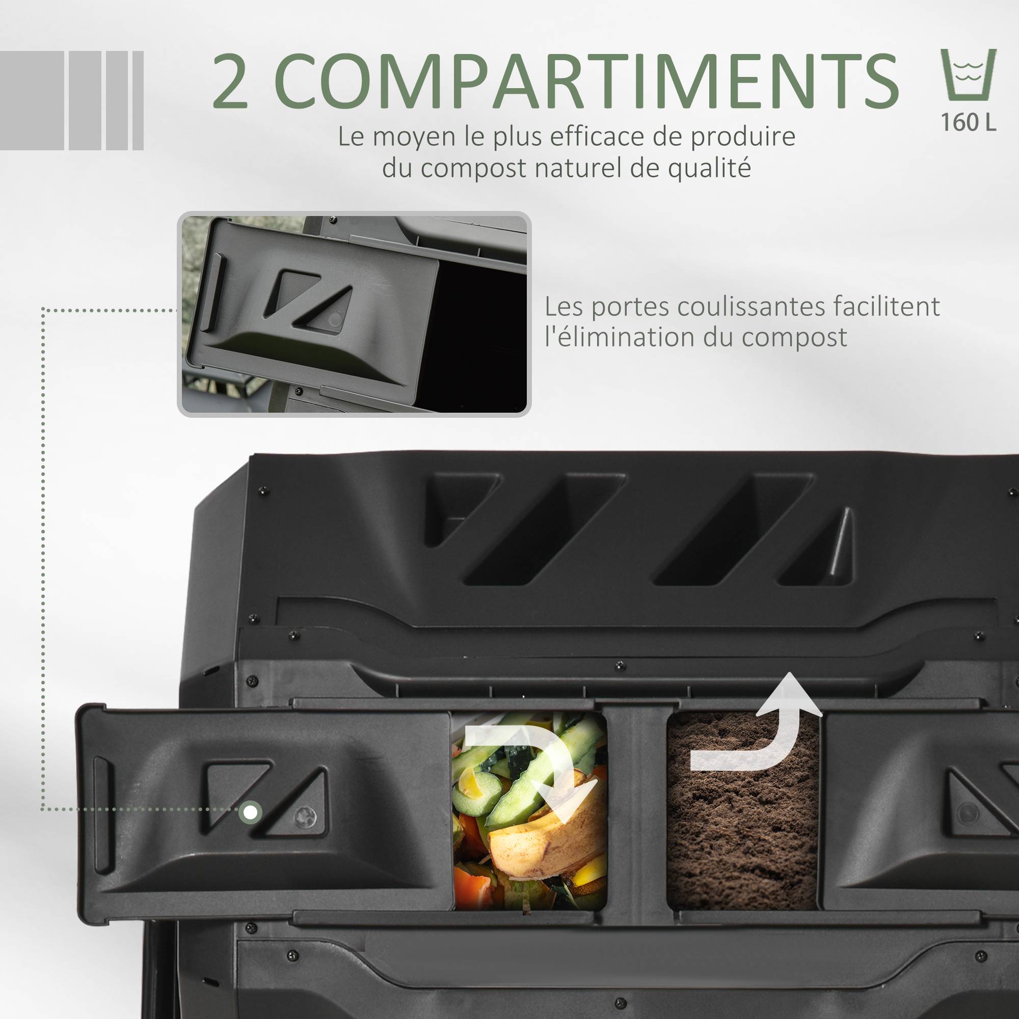 ComfortXL - Composteur rotatif PP 160 L noir double chambre pour jardin ventilation optimale - ComfortXL Outdoor Living - Image 6