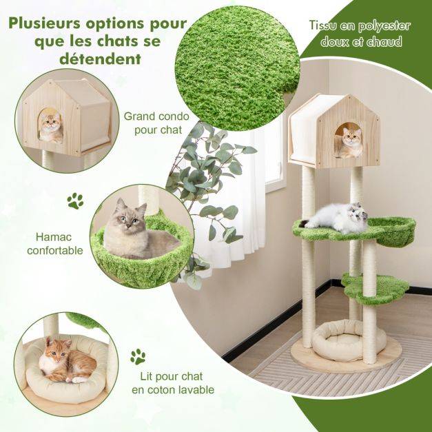 Helloshop26 - Arbre à chat 139 cm en bois poteau griffoir condo panier lit pour chat 2 plate-forme tour de jeux pour chat vert - Image 3