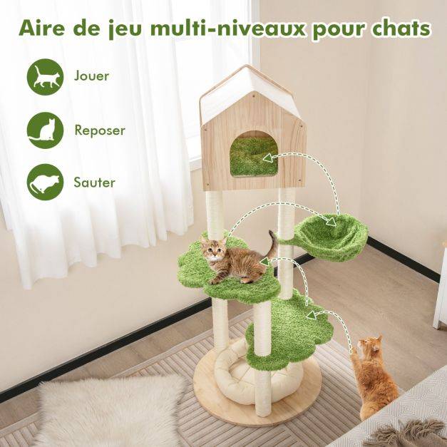 Helloshop26 - Arbre à chat 139 cm en bois poteau griffoir condo panier lit pour chat 2 plate-forme tour de jeux pour chat vert - Image 4