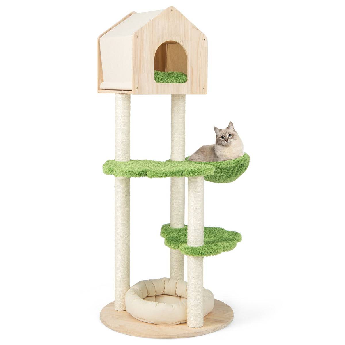 Helloshop26 - Arbre à chat 139 cm en bois poteau griffoir condo panier lit pour chat 2 plate-forme tour de jeux pour chat vert - Image 1