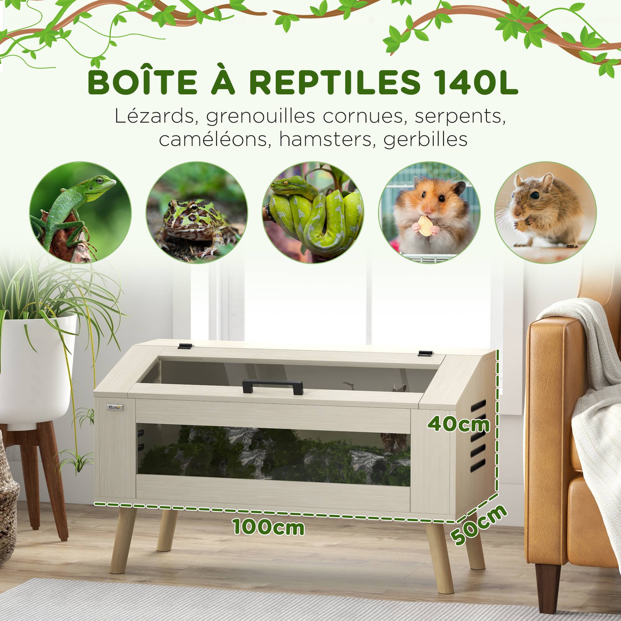 Sans Marque - Terrarium pour reptiles, vivarium pour serpents 140L avec fenêtres en verre trempé, couvercle, 100 x 50 x 60 cm - Image 6