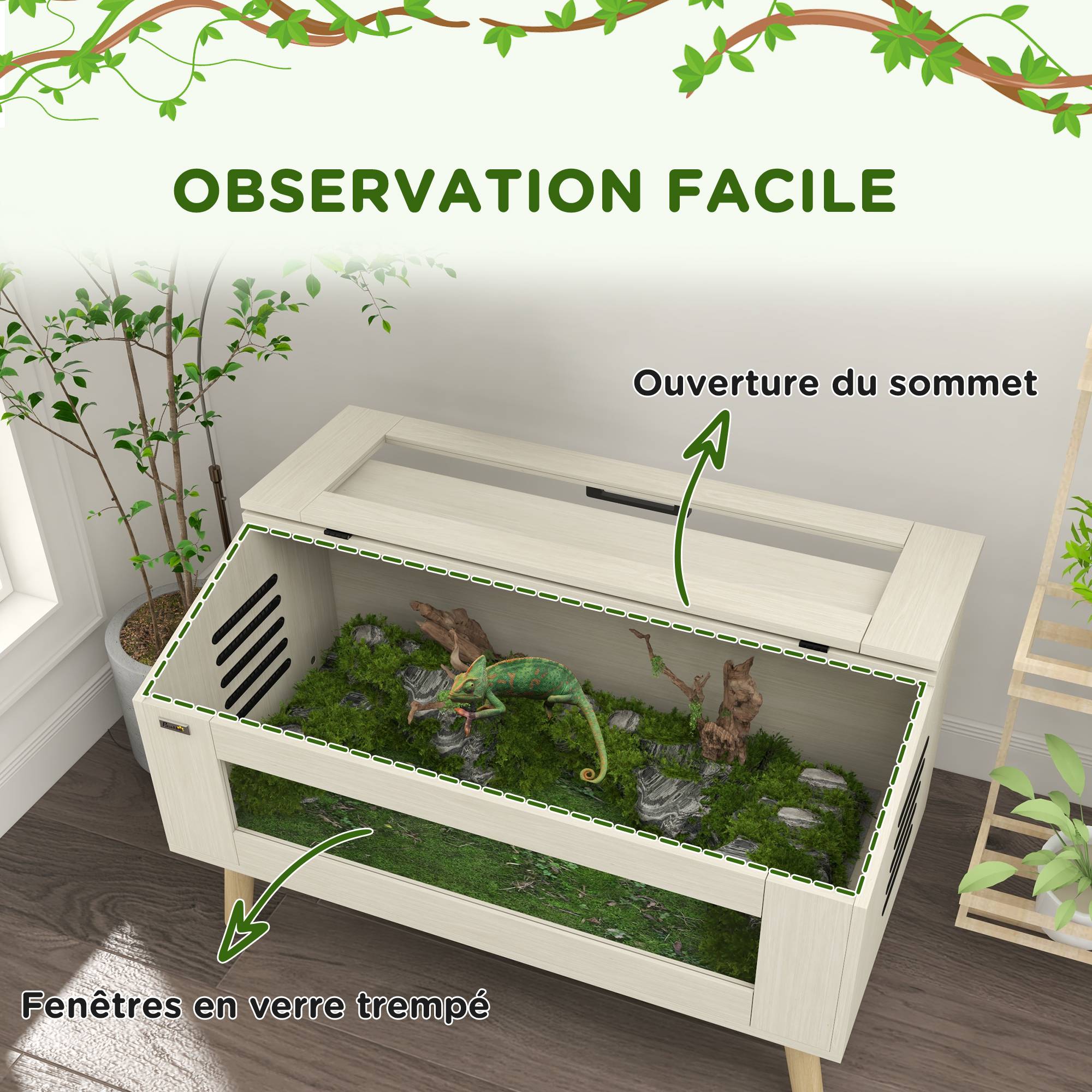 Sans Marque - Terrarium pour reptiles, vivarium pour serpents 140L avec fenêtres en verre trempé, couvercle, 100 x 50 x 60 cm - Image 7