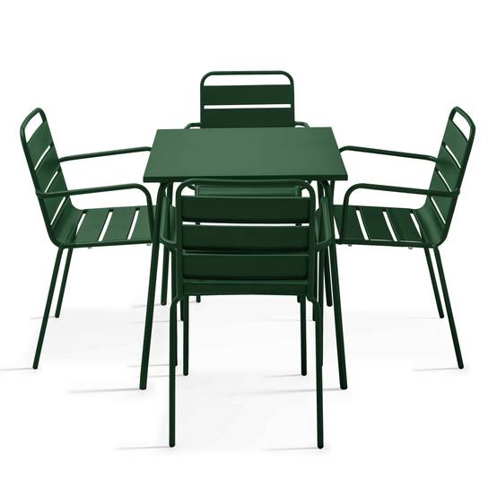 Oviala - Ensemble table de jardin carrée et 4 fauteuils acier 70 cm vert forêt Palavas - Oviala - Image 1