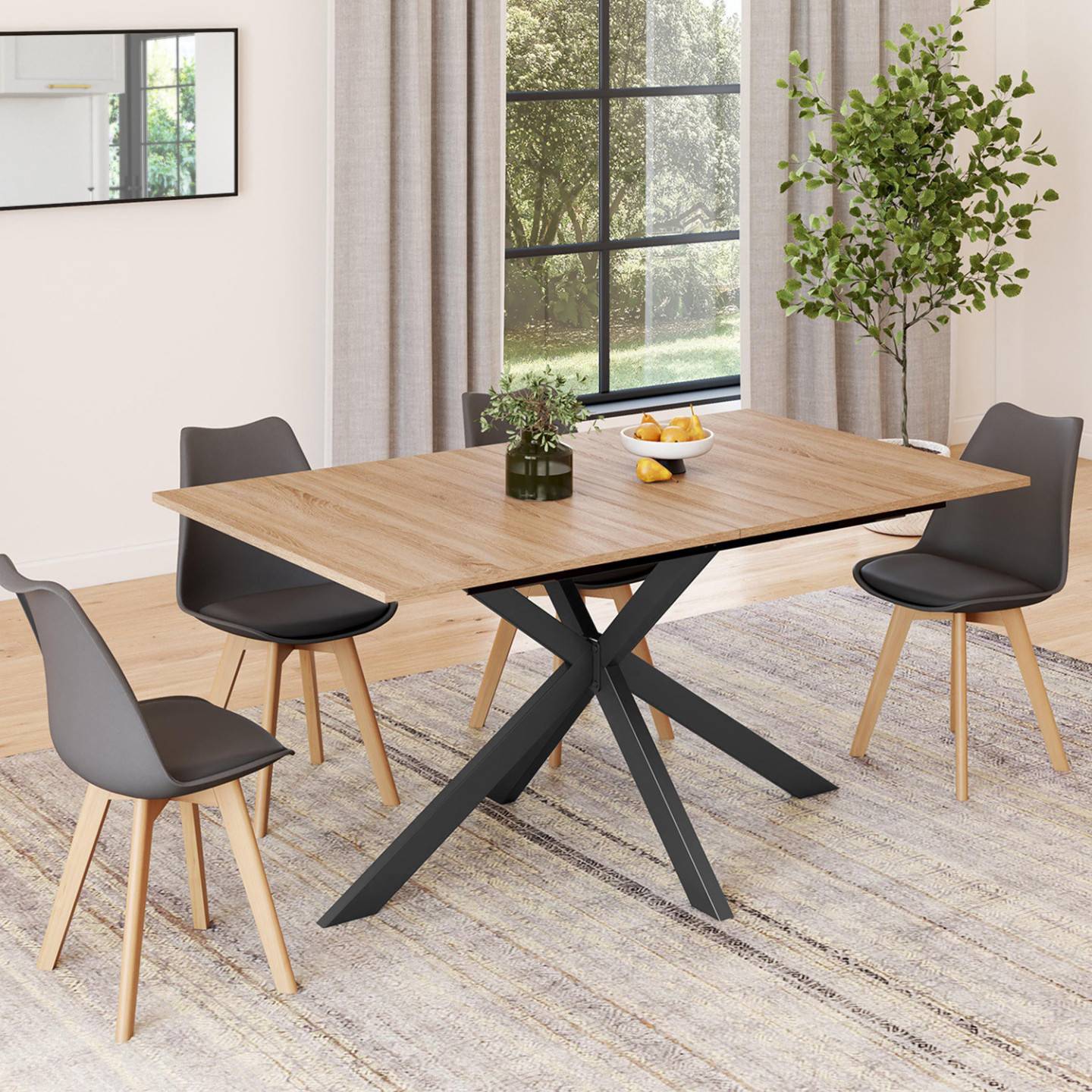 Table à manger extensible rectangle ALIX 6-10 personnes bois et noir 160-200 cm - Image 4