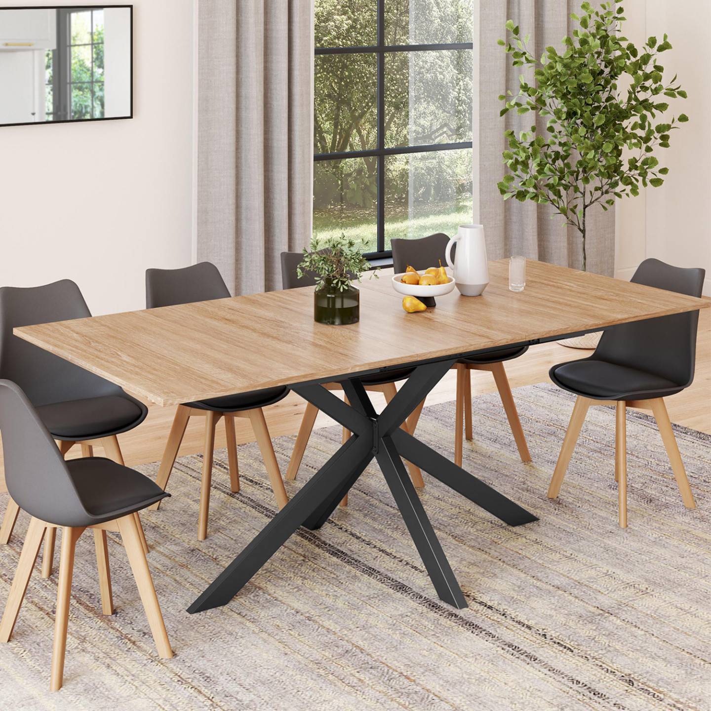 Table à manger extensible rectangle ALIX 6-10 personnes bois et noir 160-200 cm - Image 1