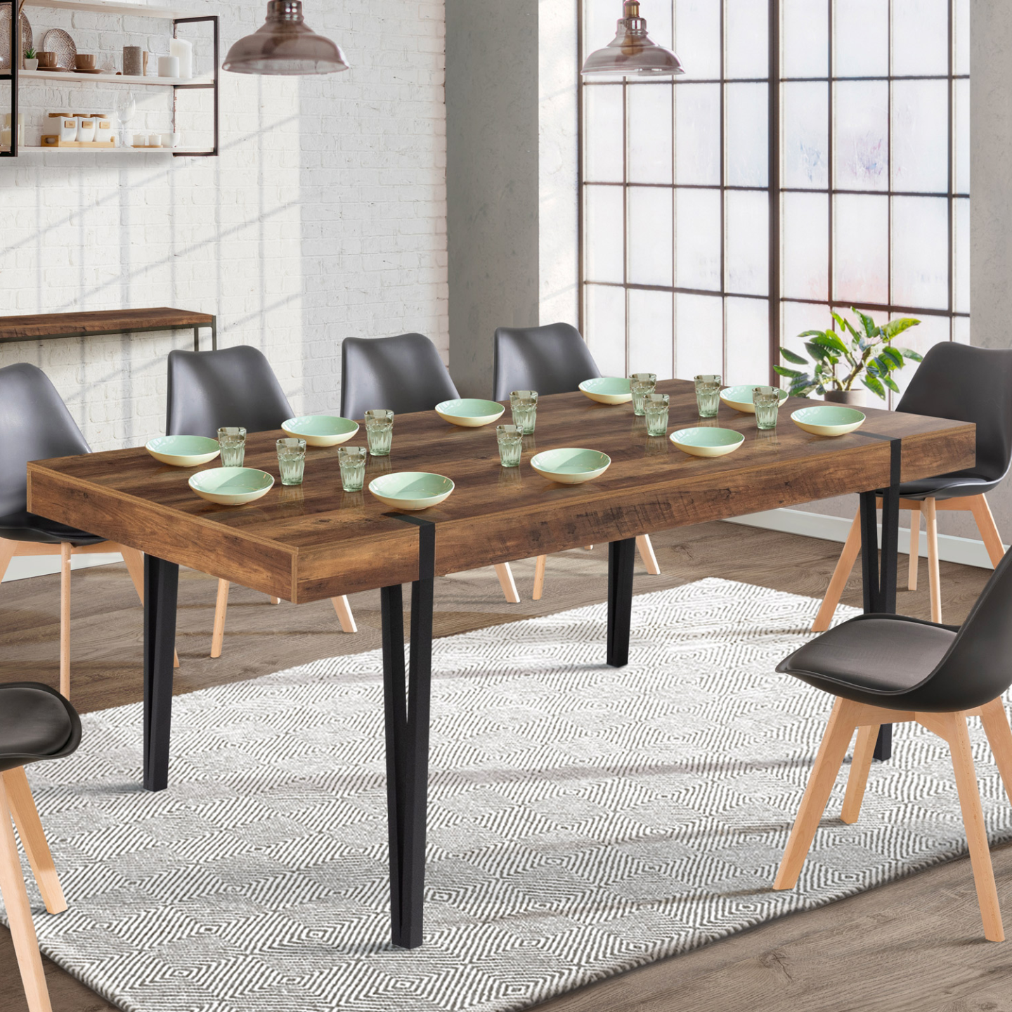 Table à manger rectangle AUSTRIA 10 personnes bois pied épingle 200 cm - Image 1