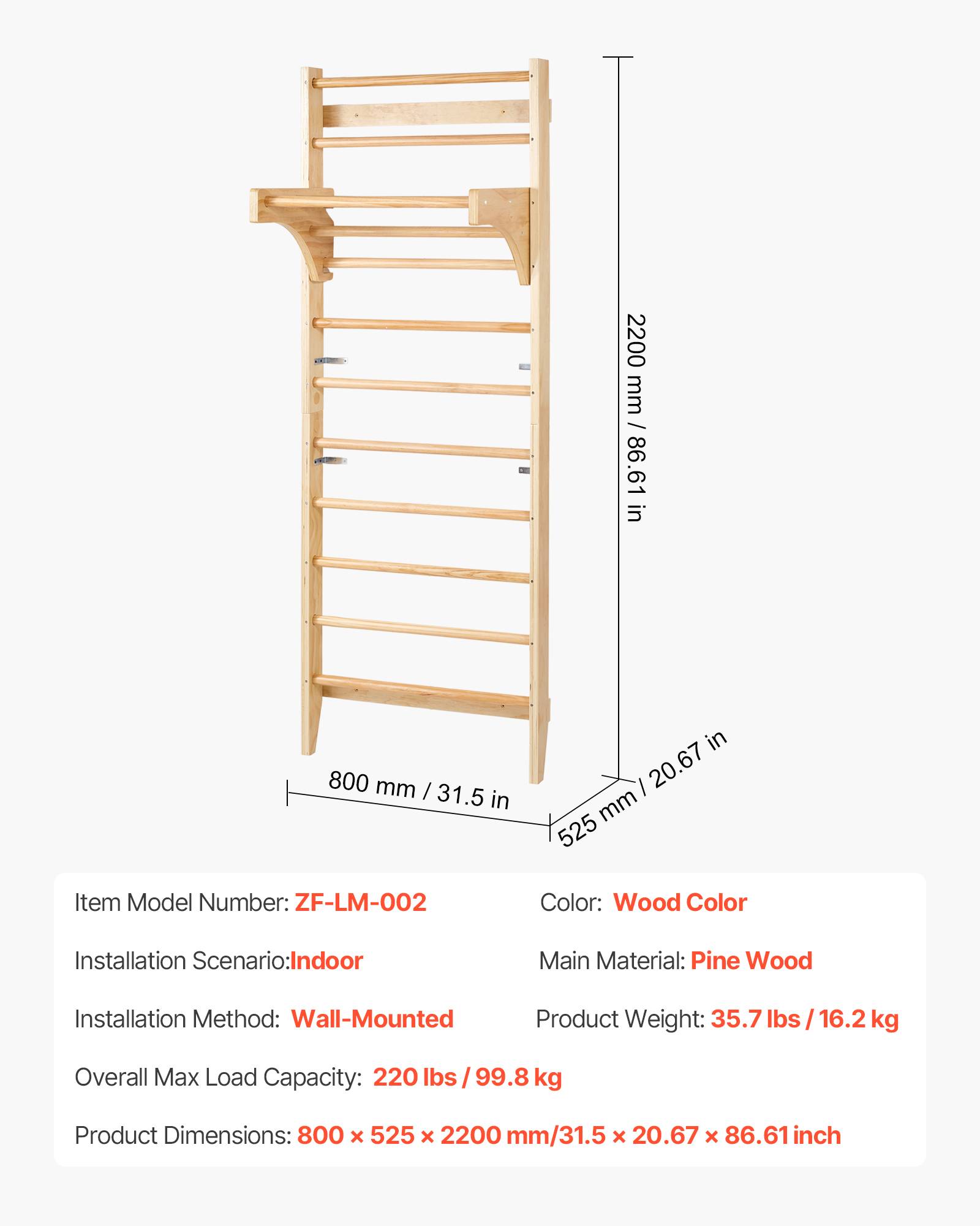 VEVOR Espalier bois massif, échelle suédoise 10 niveaux, charge 99,8 kg. Barre traction, gym. - Image 7