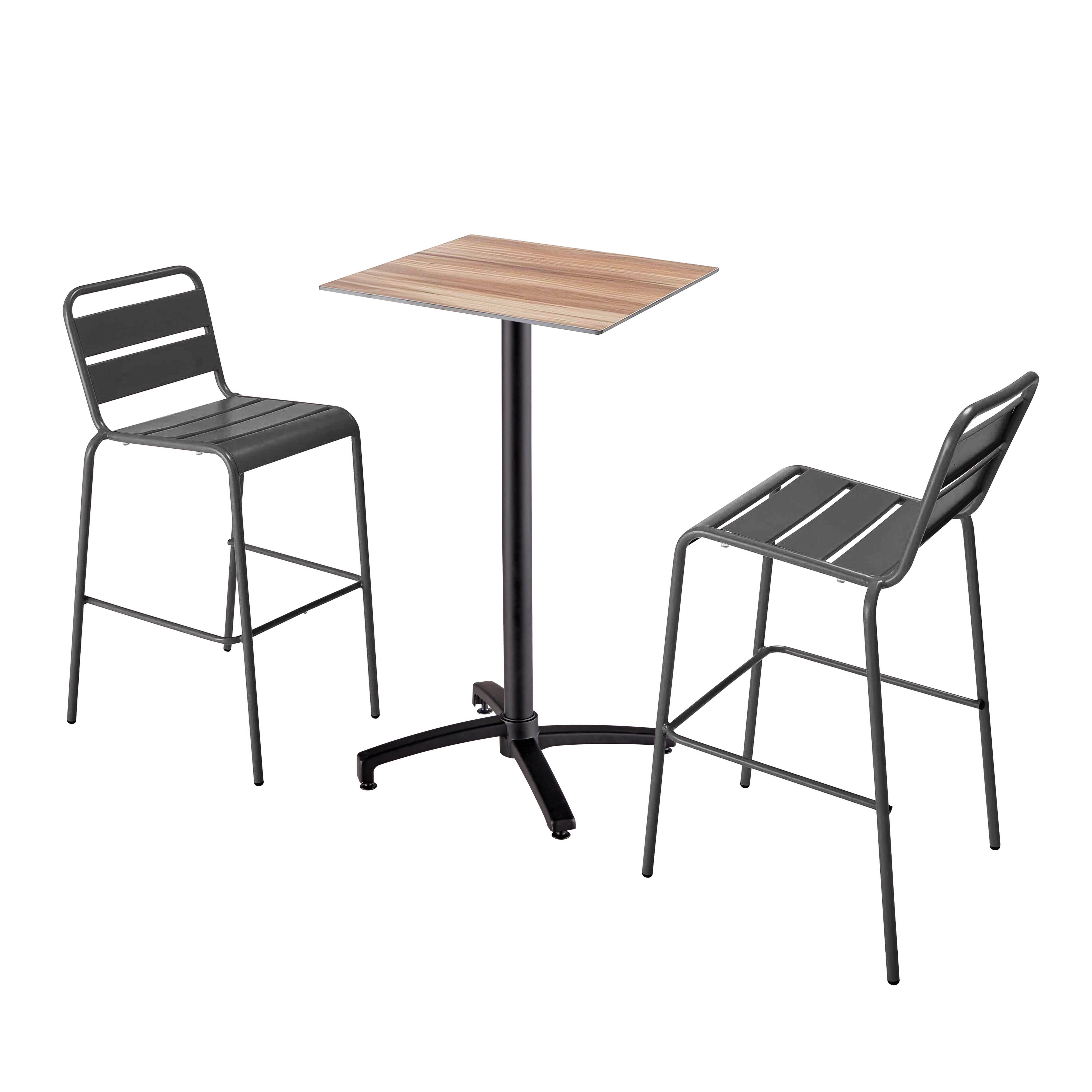 Oviala - Ensemble table haute stratifié chêne foncé et 2 chaises hautes gris - Oviala - Image 1