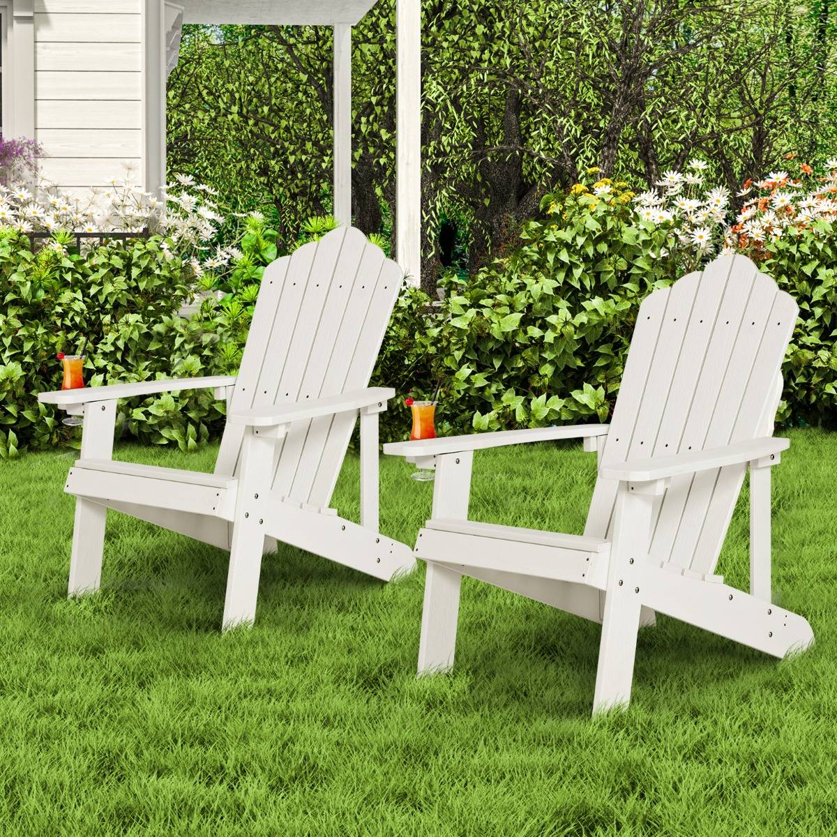Fauteuil de Jardin Adirondack en HIPS Bois Massif Imperméable avec Porte-Gobelet Charge 170KG pour Piscine Terrasse Blanc - Image 5