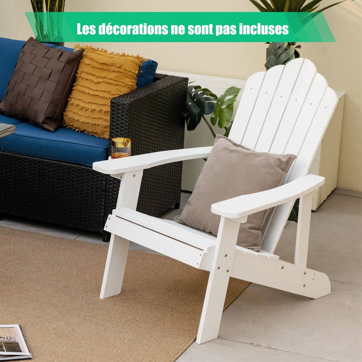 Fauteuil de Jardin Adirondack en HIPS Bois Massif Imperméable avec Porte-Gobelet Charge 170KG pour Piscine Terrasse Blanc - Image 3