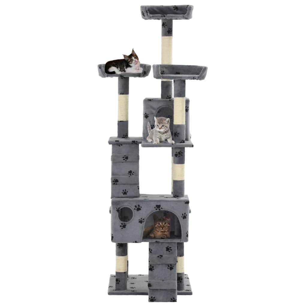 Helloshop26 - Arbre à chat griffoir grattoir niche jouet animaux peluché sisal 170cm empreintes de pattes gris - Image 1