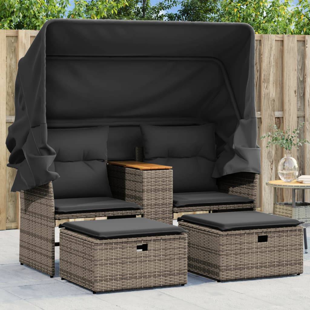 ComfortXL - Canapé Extérieur 2 Assises Poly Rotin avec Toit Pliable et Table Centrale Bois – Gris – ComfortXL Outdoor Living - Image 1