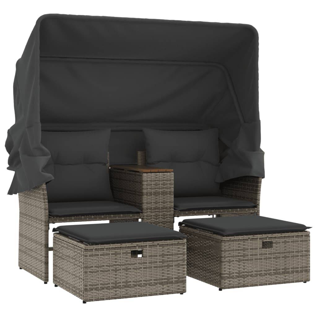 ComfortXL - Canapé Extérieur 2 Assises Poly Rotin avec Toit Pliable et Table Centrale Bois – Gris – ComfortXL Outdoor Living - Image 2