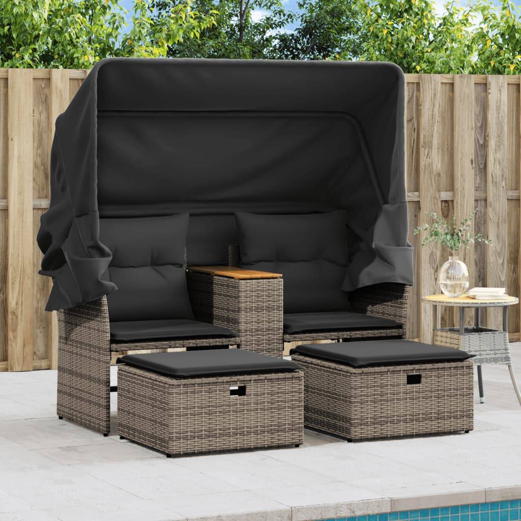 ComfortXL - Canapé Extérieur 2 Assises Poly Rotin avec Toit Pliable et Table Centrale Bois – Gris – ComfortXL Outdoor Living - Image 3