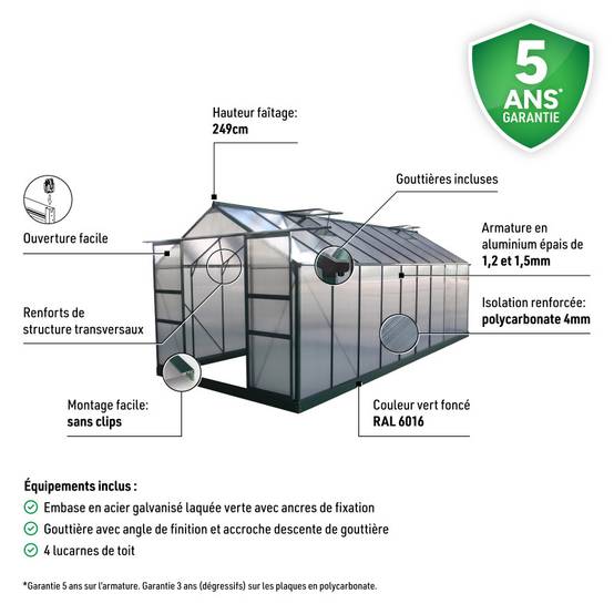 Serre de jardin 16,9 m² polycarbonate 4mm avec embase Green Protect verte - Image 4