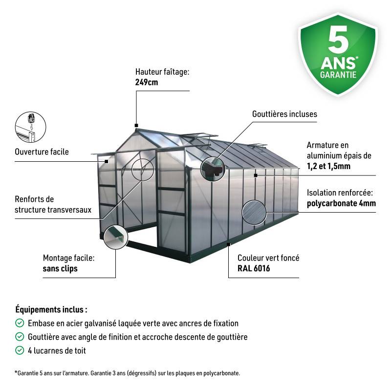 Serre de jardin 16,9 m² polycarbonate 4mm avec embase Green Protect verte - Image 4
