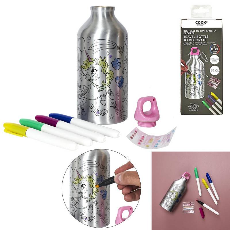 Cook Concept - Bouteille de transport Licorne à colorier en aluminium - Gris - 55cl - D 7 x H 18,5 cm - Image 6