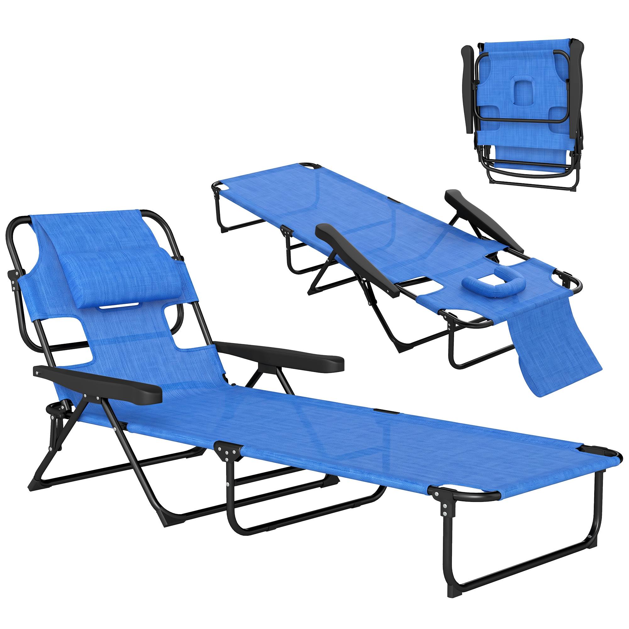 Sans Marque - Chaise longue de jardin pliante avec dossier réglable, coussin et ouverture pour le visage, bleu foncé